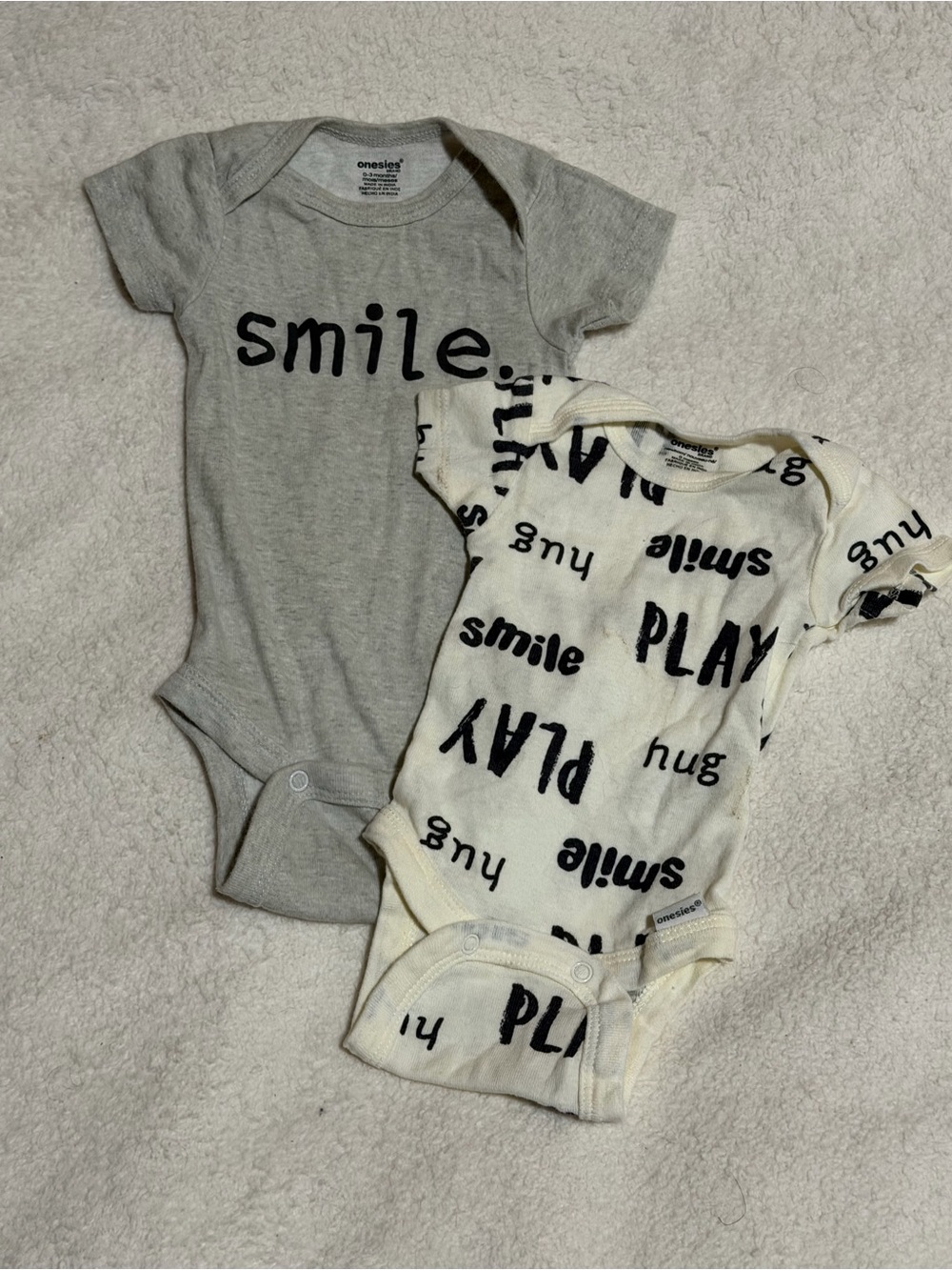 Onesies® Kids Short-Sleeve 'Smile' & 'Play' Bodysuits in Grey and Cream